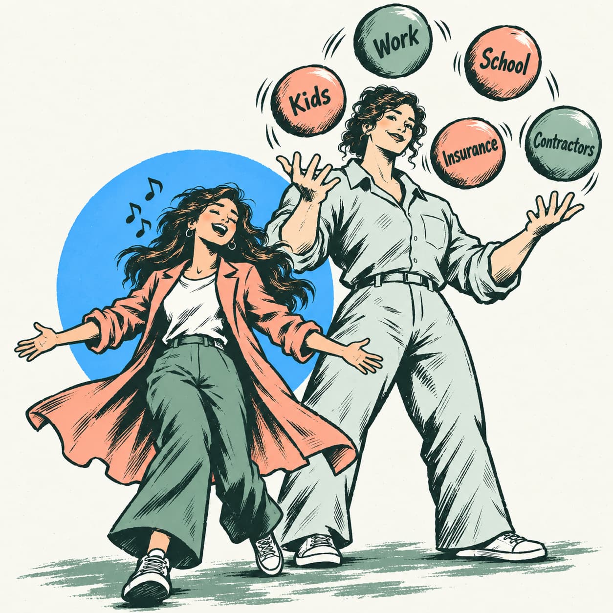 The woman dances while a Giant juggles the balls for her