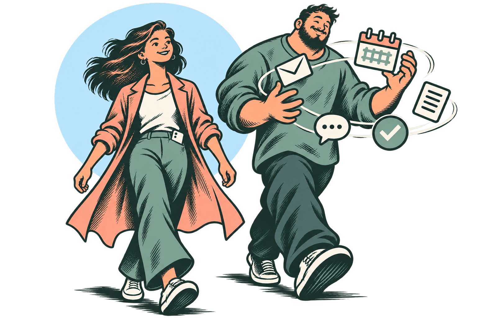 A woman walks beside a smiling Giant who juggles email, calendar, chat and checklist icons