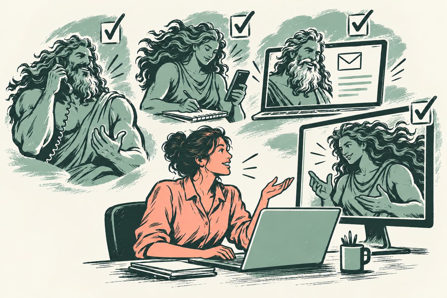 A woman at her laptop chats with Giants who reach her by phone call, text, email and video, each one checked off