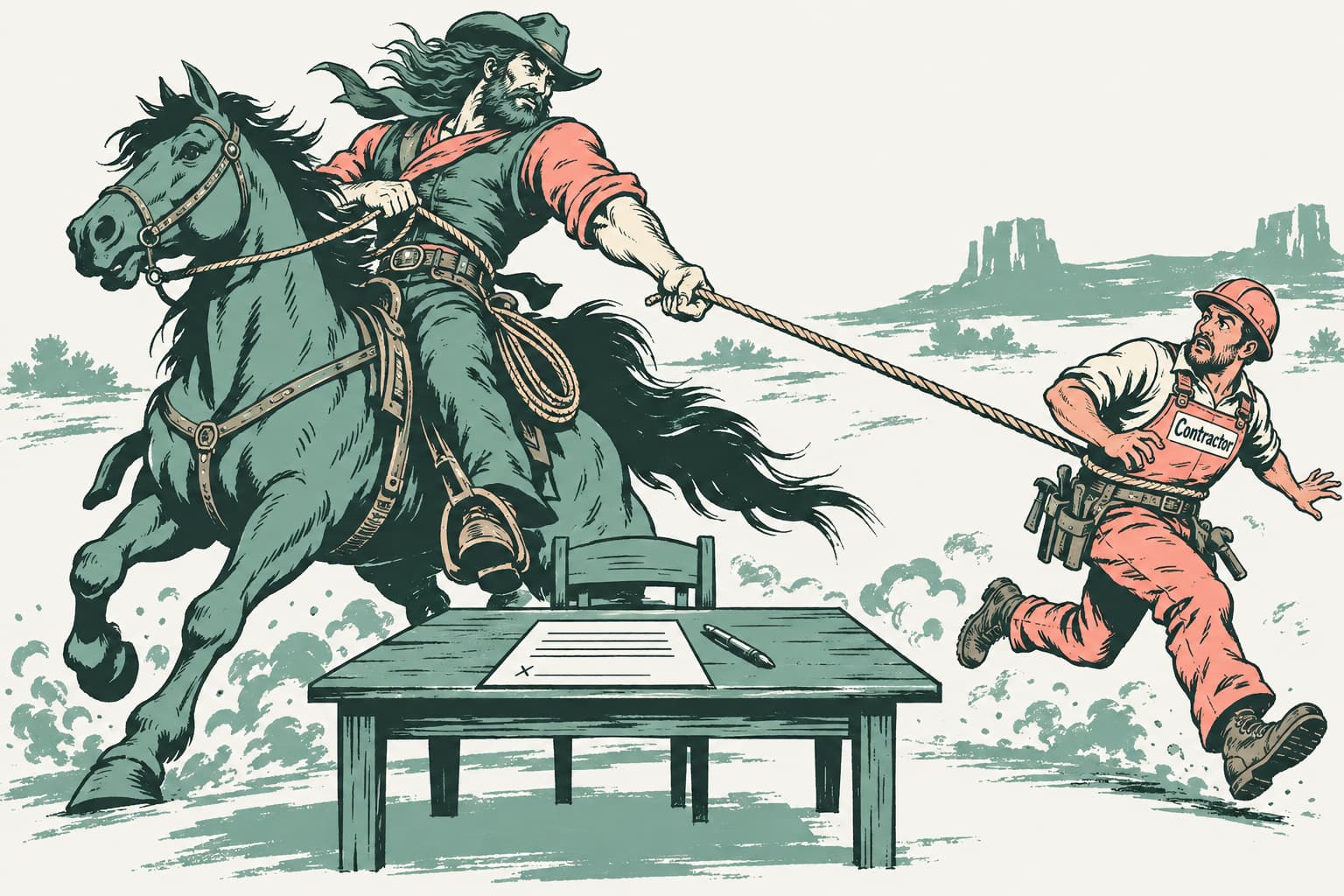 A cowboy on a galloping horse ropes a runaway contractor and pulls them back toward a table with a paper waiting to be signed