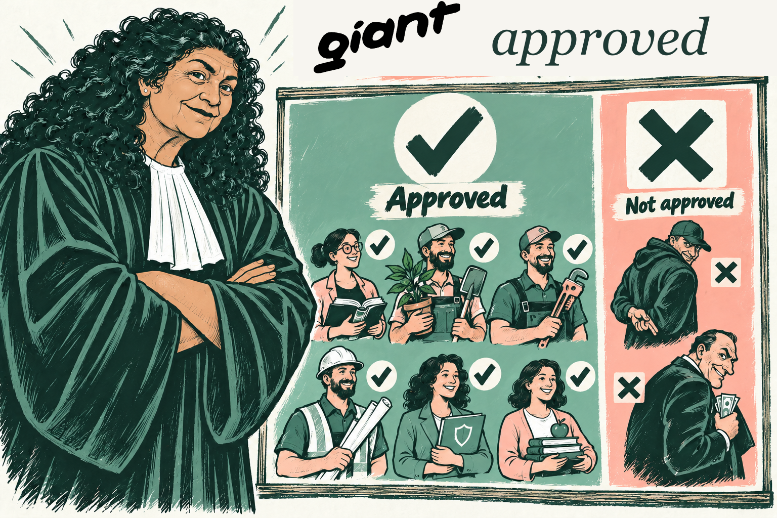 A judge in a robe stands beside a board labeled Giant approved: six smiling tradespeople and helpers are checked off as approved, and two shady figures are marked not approved