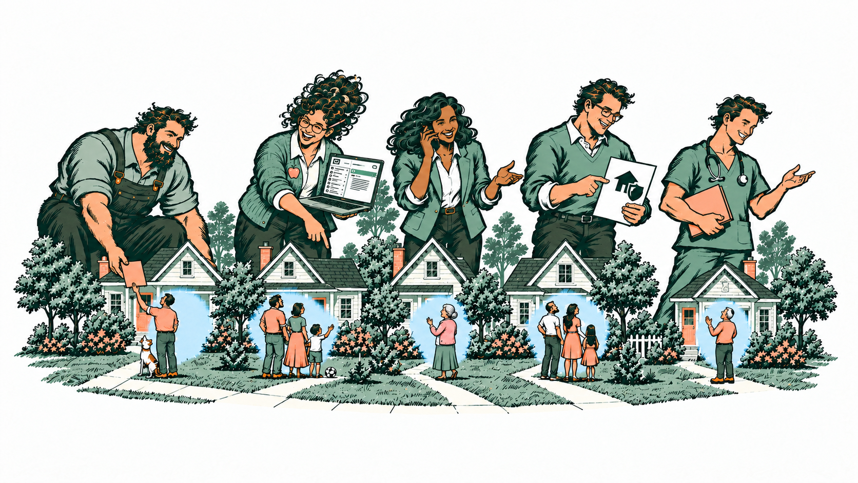 Five friendly Giants, a contractor, an organizer with a laptop, an assistant on the phone, an insurance agent and a nurse, each helping a family in front of their home
